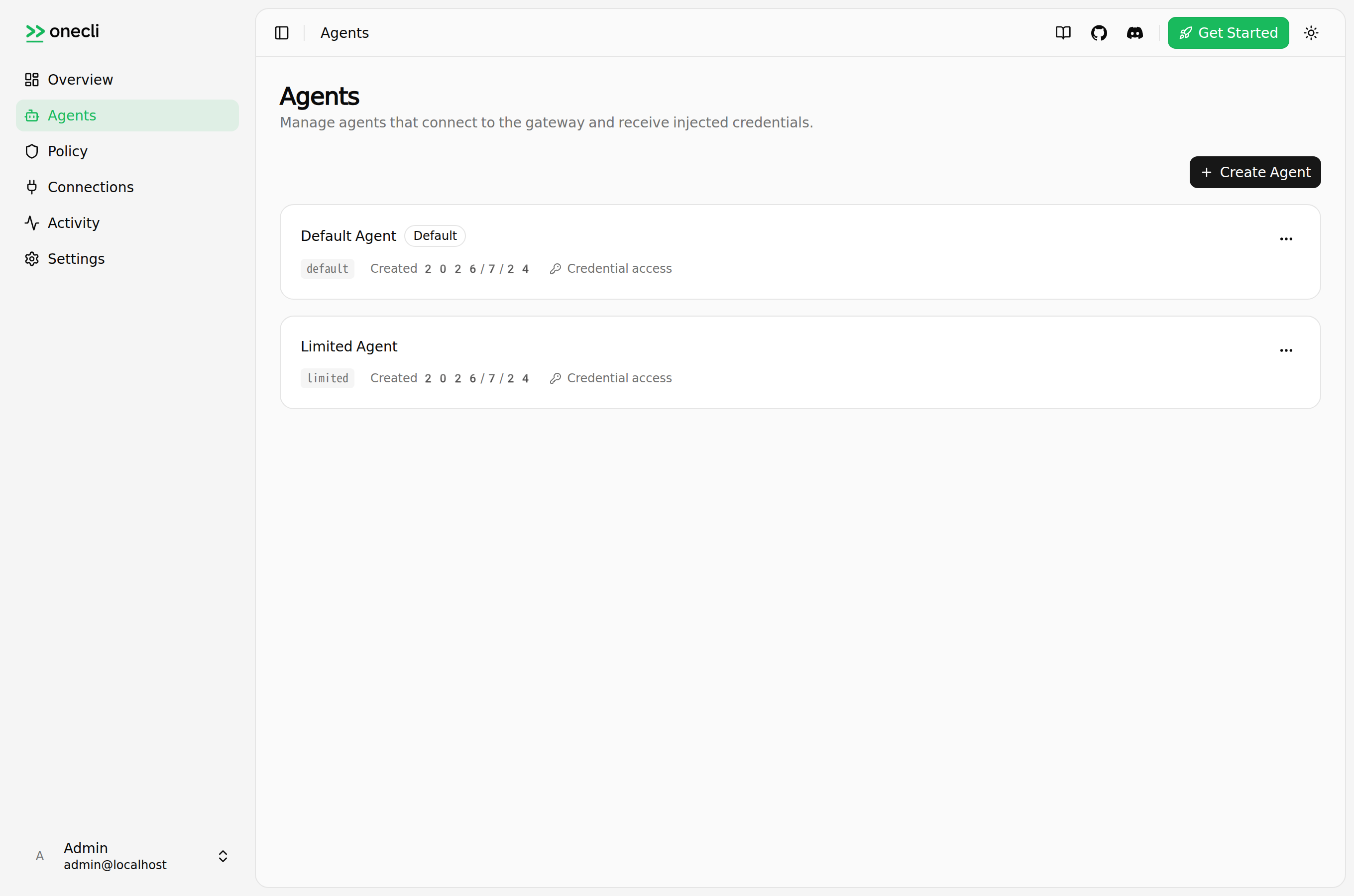 OneCLIのダッシュボード。左メニューにAgents・Policy・Connections、Agents画面に検証用の「Default Agent」と「Limited Agent」が並んでいる