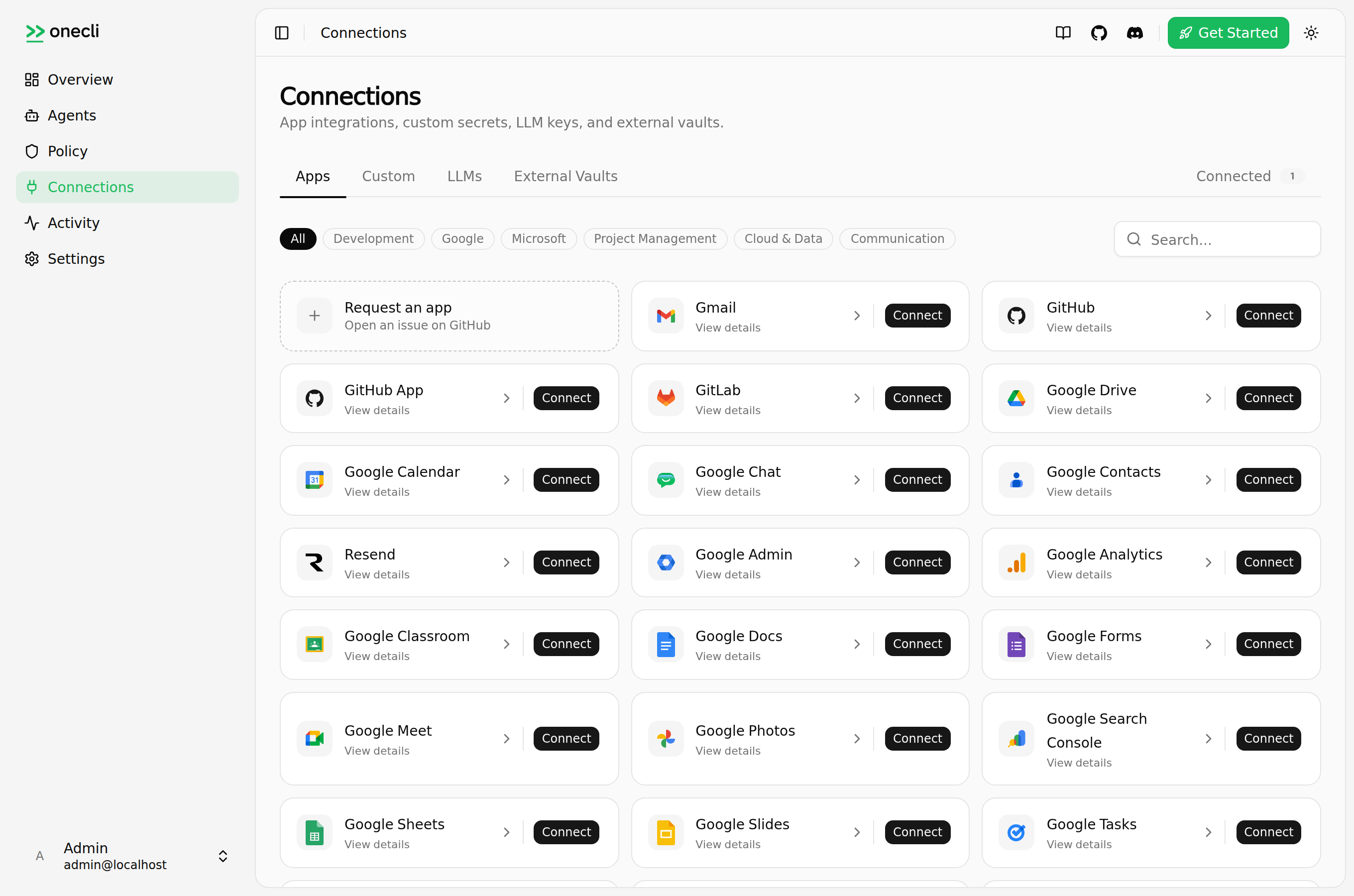 OneCLIのConnections画面。Gmail・GitHub・GitLab・Google系サービスなど、対応アプリがカタログとして並んでいる