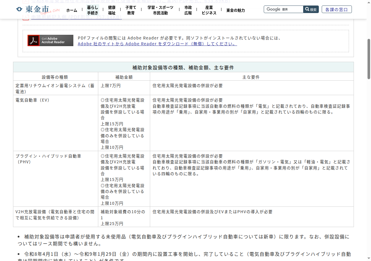 東金市の公式ページにある補助対象設備の表。定置用リチウムイオン蓄電システム(上限7万円)、電気自動車、プラグイン・ハイブリッド自動車、V2H充放電設備の4種類だけが並んでいる
