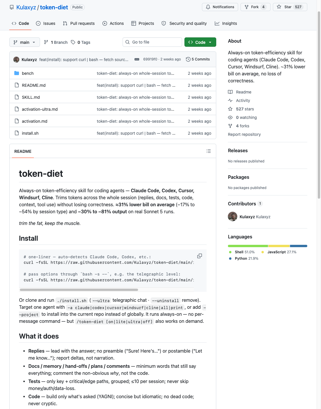 token-diet の公式GitHubリポジトリ。「≈31% lower bill on average（–17% to –54% by session type）and –30% to –81% output on real Sonnet 5 runs」と書かれている