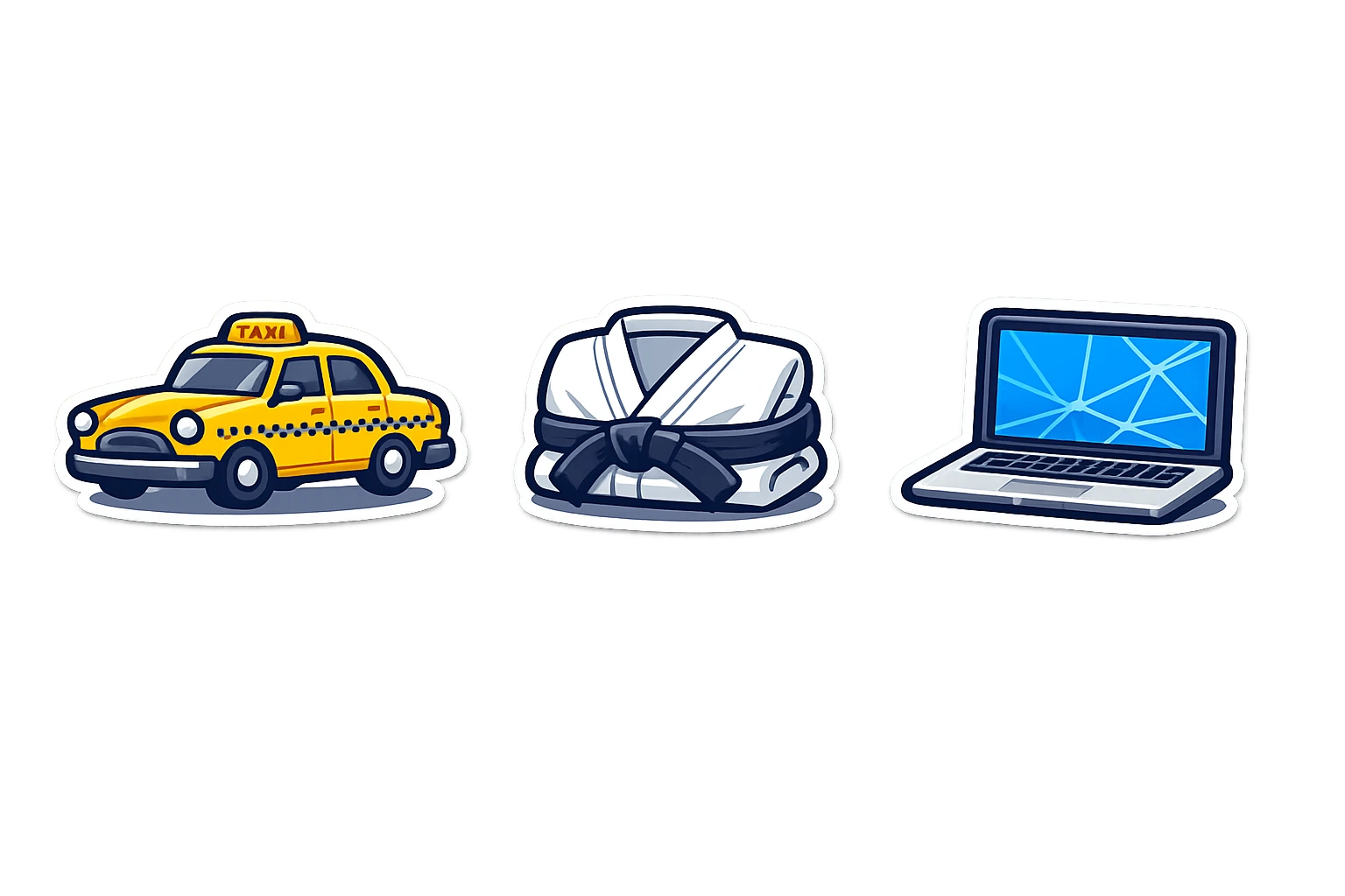 Three stickers side by side showing the career so far: a taxi, a karate gi with a black belt, and a laptop