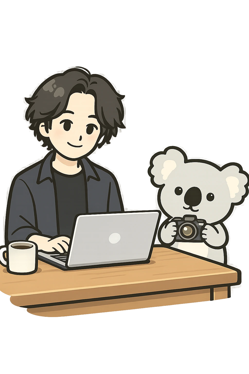 An illustration of Masashi at a desk working on a laptop, with Emu the koala standing beside him holding a camera