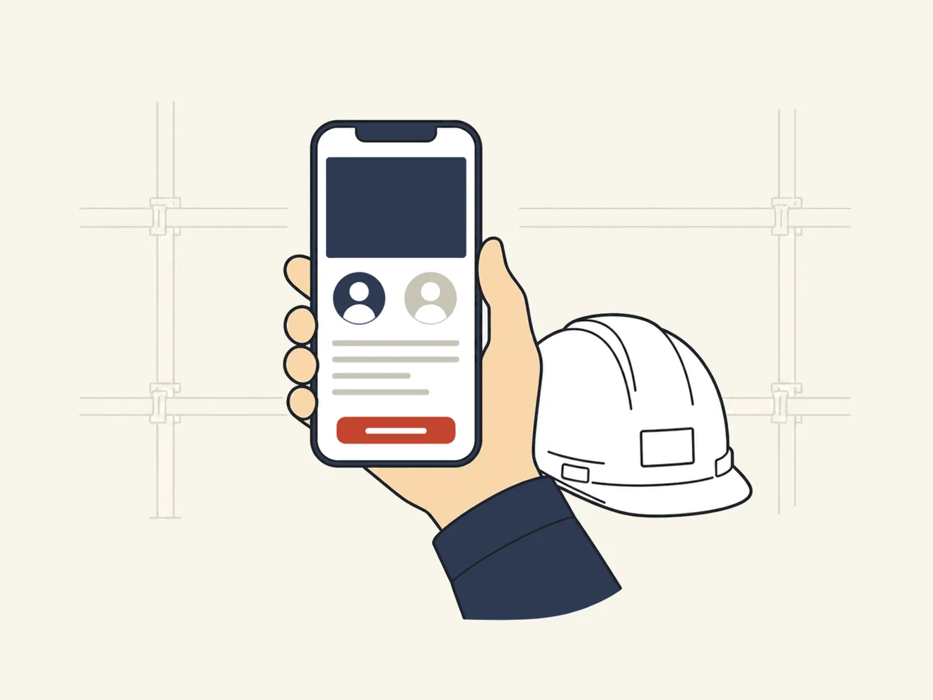 作業服の手元とスマートフォンに表示された採用ページ、白いヘルメットのイラスト