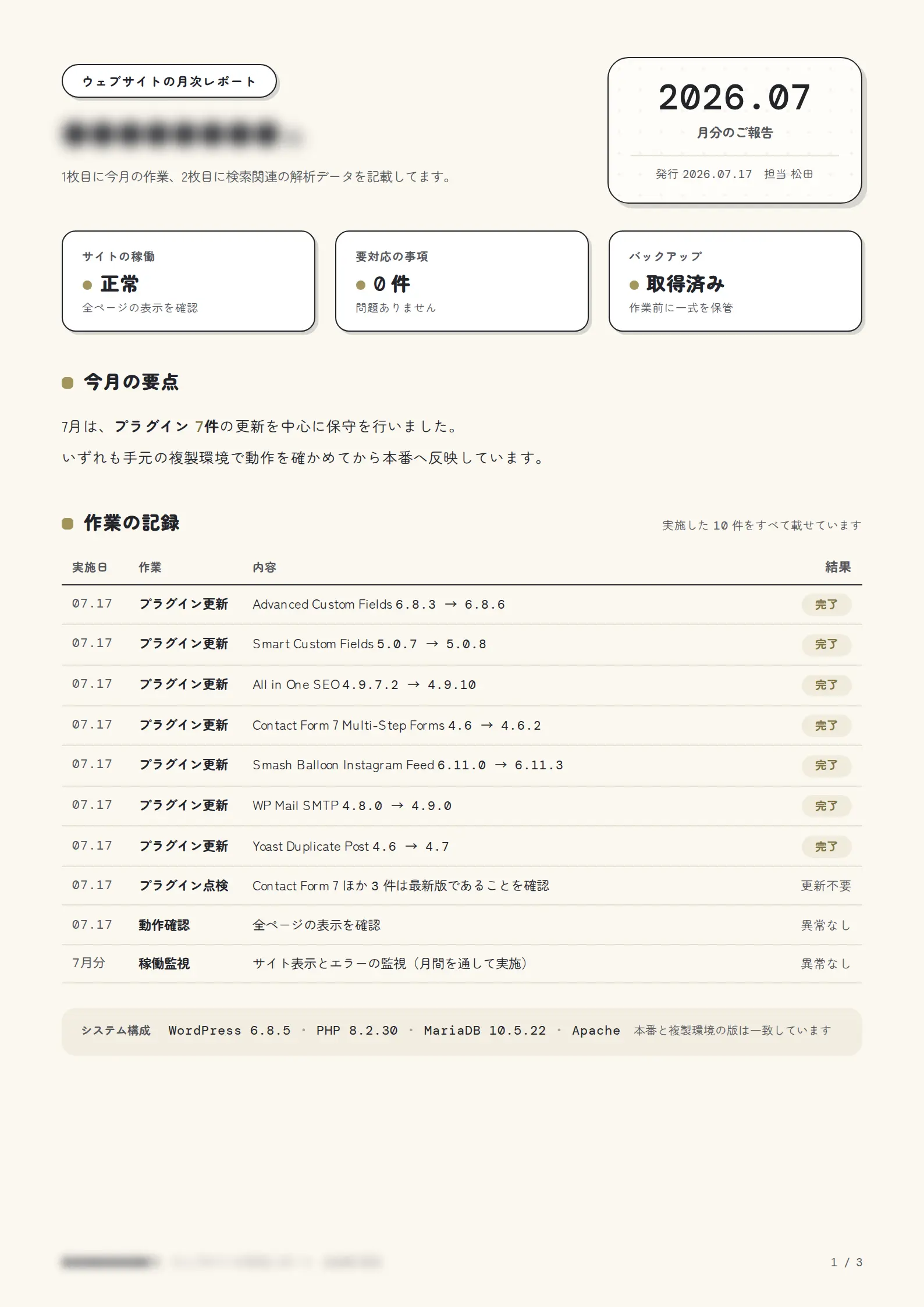 Page one of the monthly report, listing each piece of work carried out