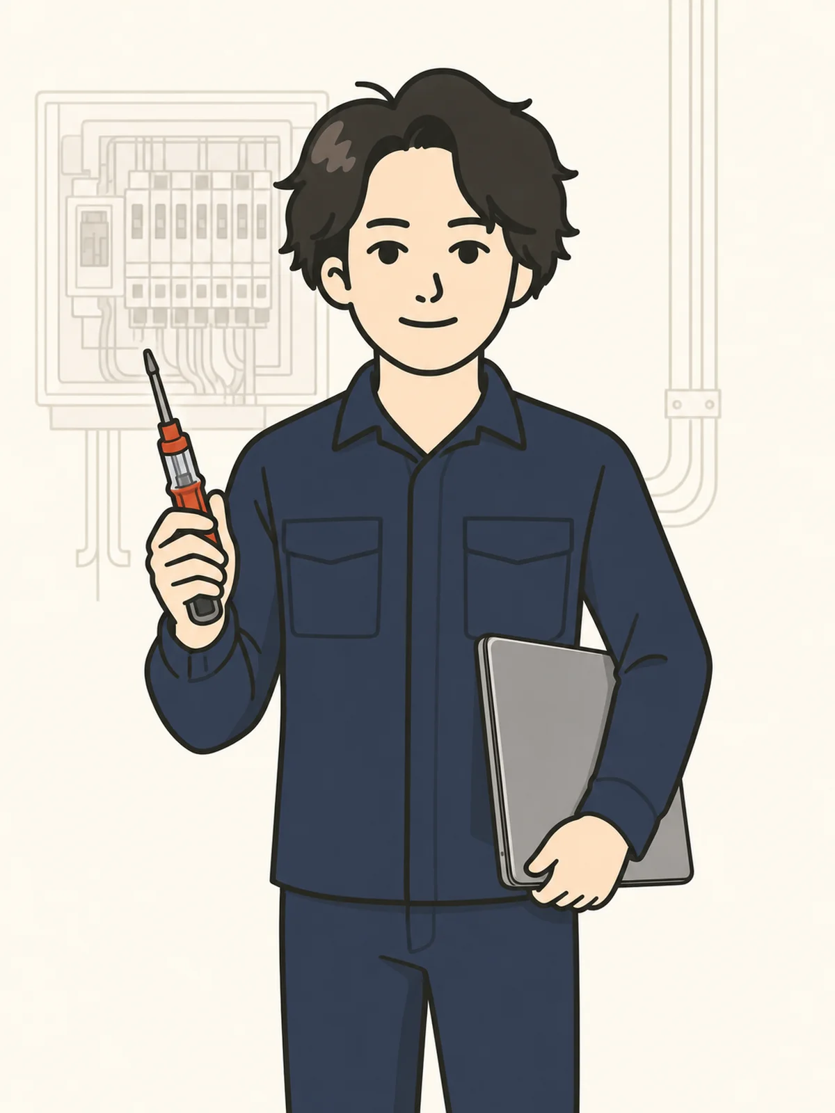 作業服姿で検電ドライバーとノートPCを持つ松田のイラスト